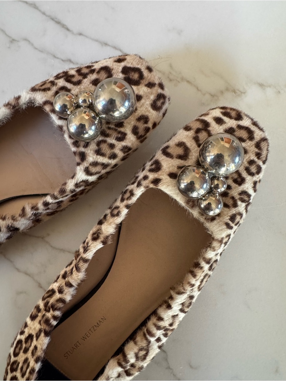 Stuart Weitzman Leopard Print Fur Flats with Silver Orb Details